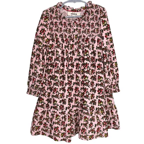 Mini Boden Girls Shirred Corduroy French Pink Apple Orchard Dress Size 6-7Y